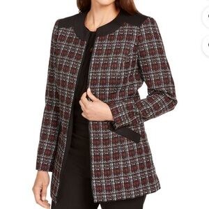 Kasper Red/Black Plaid Tweed Wear to Work Long Blazer size 12 full zip